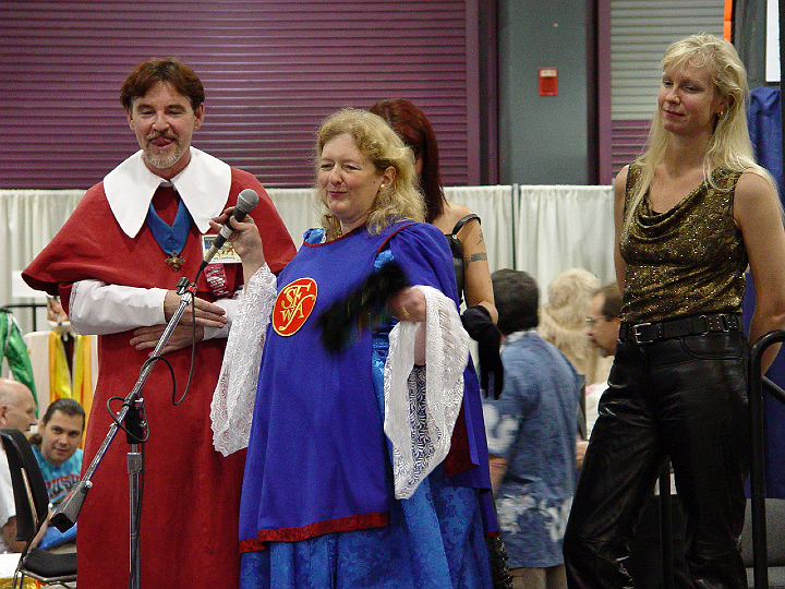 DSC02171.jpg - Jay Caselberg as the Cardinal vs. Esther Friesner as the SFWA Queen; Arwen Rosenbaum as one of the Cardinal's leather-clad minions