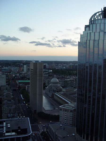 DSC02179.jpg - View from a suite on the 37th floor of the Marriott where I attended a very nice party to celebrate a wedding and a renewal-of-vows. Tall, narrow building, domed building, and reflecting pool between them are HQ of Christian Science church.