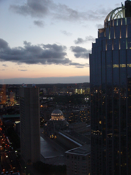 DSC02181.jpg - View from a suite on the 37th floor of the Marriott where I attended a very nice party to celebrate a wedding and a renewal-of-vows. Tall, narrow building, domed building, and reflecting pool between them are HQ of Christian Science church.